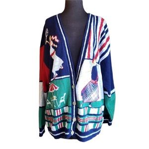 Vintage 90s Susan Bristol Tennis Golf Cardigan Sweater Plaid Oversized Blue Red